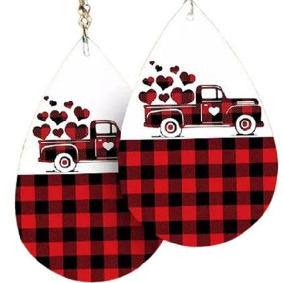 Heart Earrings Red Buffalo Plaid Truck Dangle Drop Dangling Valentines Jewelry - Picture 3 of 4